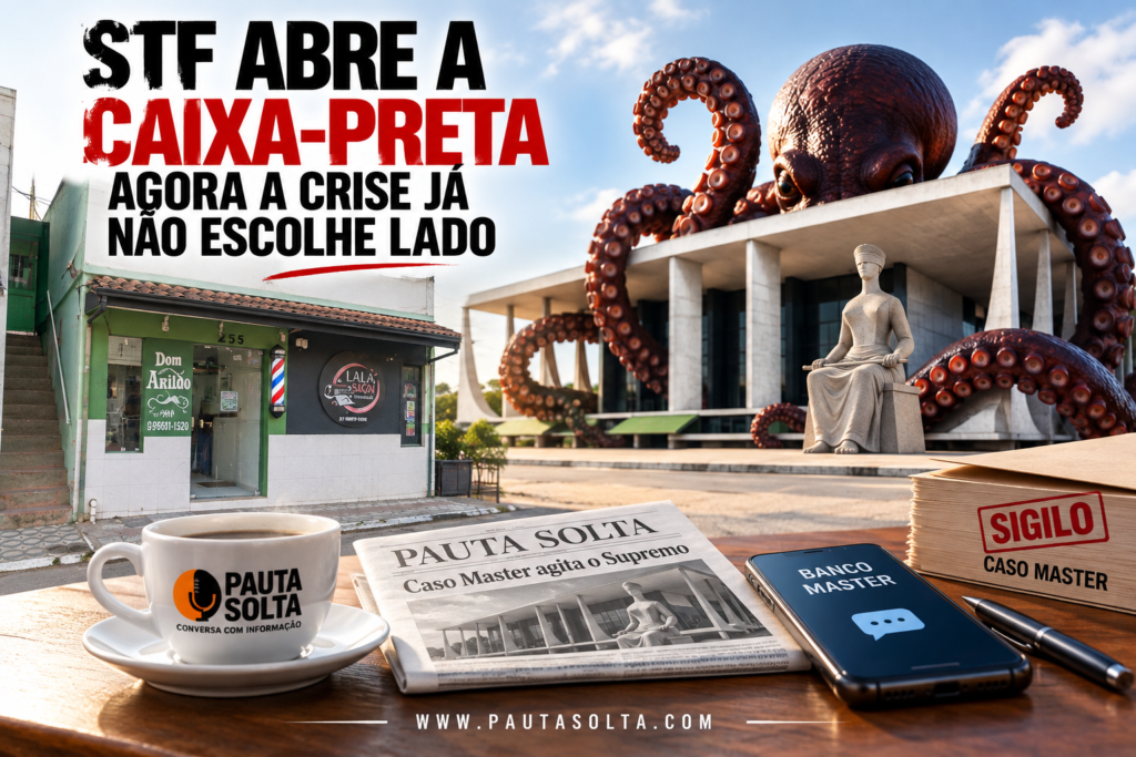 Crise no STF e caso Master ilustrados pelo Supremo cercado por tentáculos, ao lado da Barbearia Dom Arildo, em Marechal Floriano.