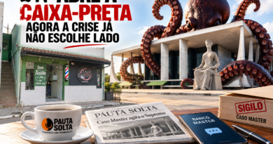 Crise no STF e caso Master ilustrados pelo Supremo cercado por tentáculos, ao lado da Barbearia Dom Arildo, em Marechal Floriano.