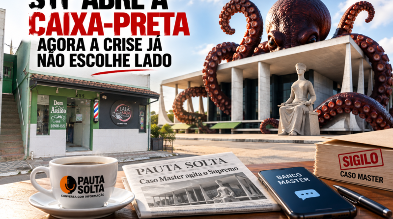 Crise no STF e caso Master ilustrados pelo Supremo cercado por tentáculos, ao lado da Barbearia Dom Arildo, em Marechal Floriano.