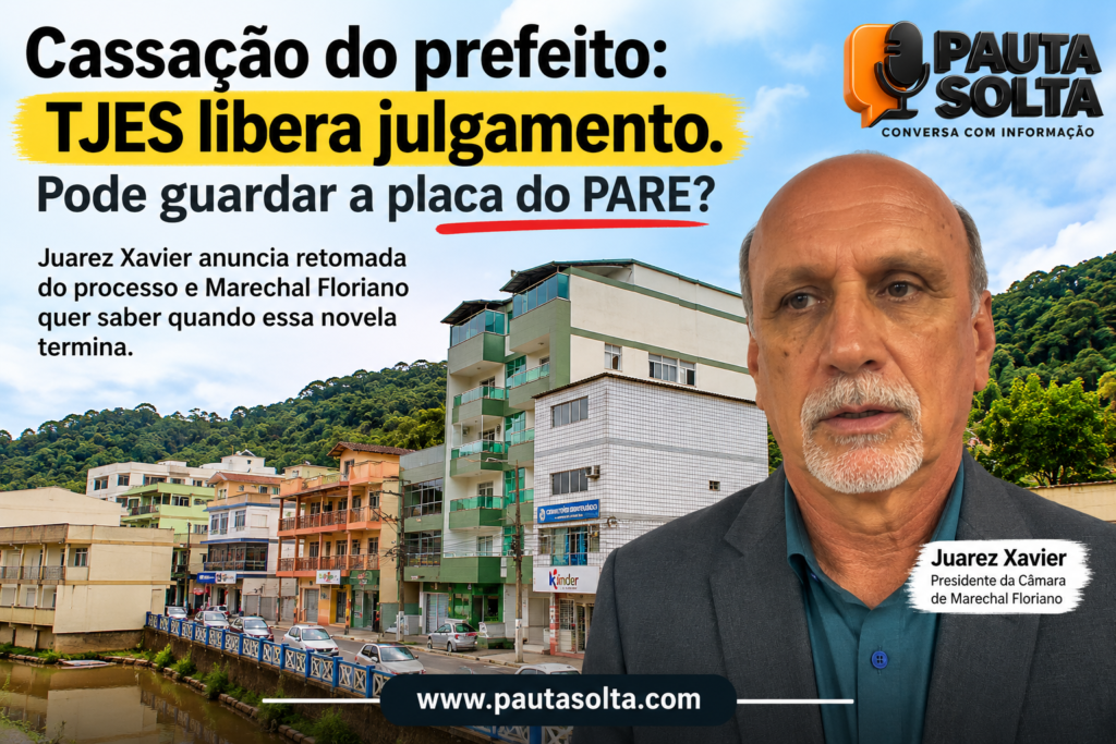 Cassação do prefeito de Marechal Floriano volta à Câmara após decisão do TJES, com Juarez Xavier e vista do centro da cidade.