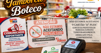 Tamborete de Boteco Especial sobre o auxílio-alimentação dos servidores de Marechal Floriano, com avisos de estabelecimentos informando que o cartão O² Plus não está sendo aceito temporariamente.