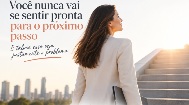 Mulher diante de uma escadaria iluminada, simbolizando os desafios, escolhas e oportunidades de crescimento na carreira.