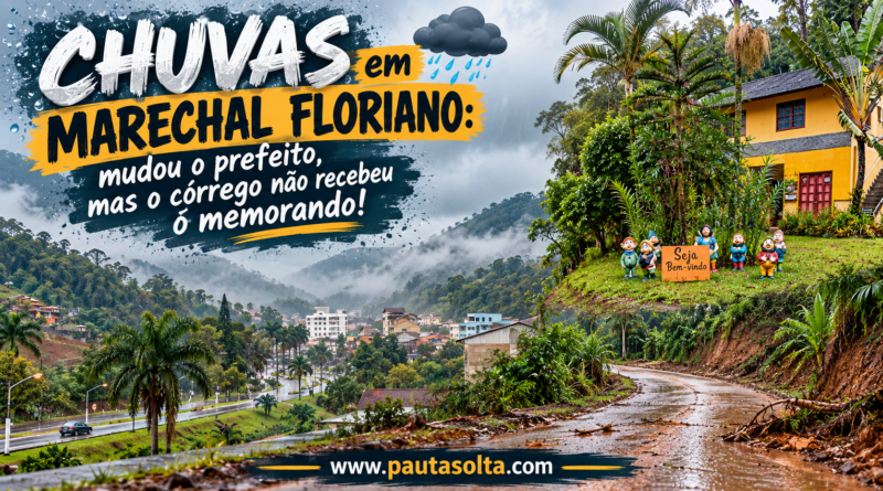 Montagem editorial sobre as chuvas em Marechal Floriano, com vista da cidade sob céu nublado, estrada rural molhada e Pousada Recanto da Mata, destacando os riscos da temporada de chuvas.