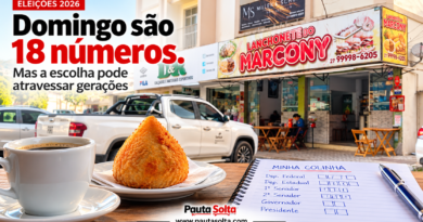 Imagem da Lanchonete do Marcony, em Marechal Floriano, com café, coxinha e uma colinha eleitoral em primeiro plano, contextualizando as escolhas para as Eleições 2026.