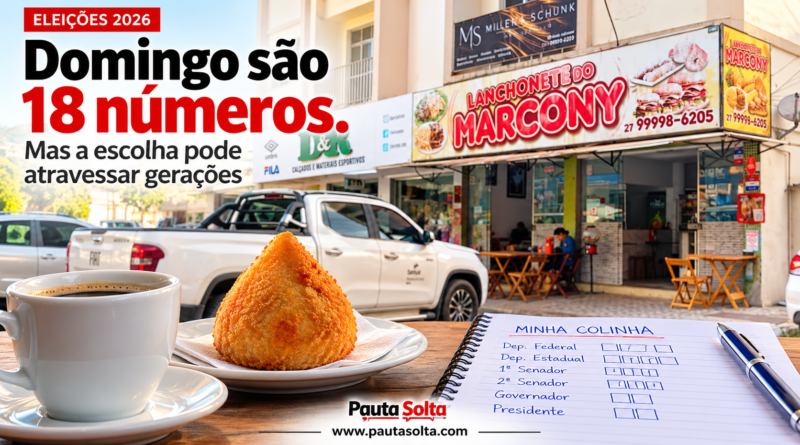 Imagem da Lanchonete do Marcony, em Marechal Floriano, com café, coxinha e uma colinha eleitoral em primeiro plano, contextualizando as escolhas para as Eleições 2026.