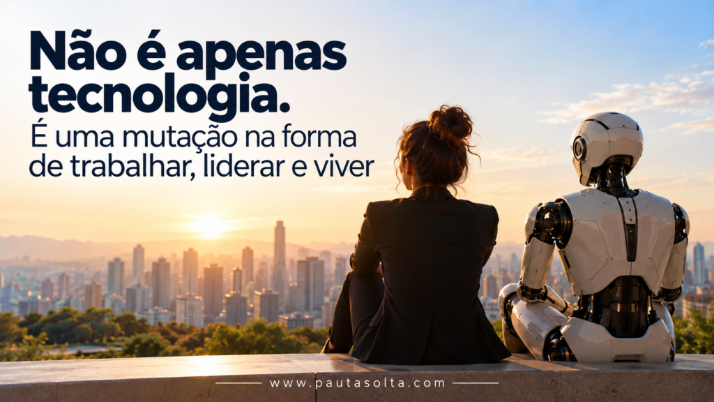 Mulher e robô humanoide observam juntos uma cidade ao amanhecer, simbolizando a transformação do trabalho e o encontro entre tecnologia, liderança e humanidade.