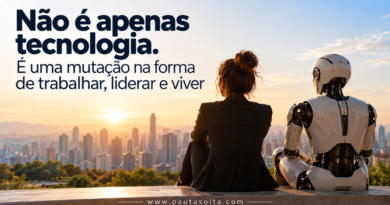Mulher e robô humanoide observam juntos uma cidade ao amanhecer, simbolizando a transformação do trabalho e o encontro entre tecnologia, liderança e humanidade.