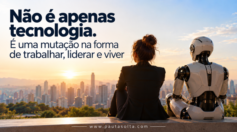 Mulher e robô humanoide observam juntos uma cidade ao amanhecer, simbolizando a transformação do trabalho e o encontro entre tecnologia, liderança e humanidade.