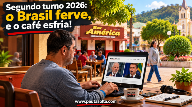 Imagem editorial sobre o segundo turno das eleições 2026, com jornalista trabalhando em notebook diante de uma xícara de café, tendo ao fundo o Bar América e a praça de Marechal Floriano (ES). A composição ilustra a polarização política e traz o título “Segundo turno 2026: o Brasil ferve, e o café esfria!”.